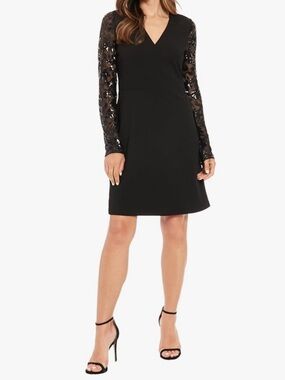 London Times Black A Line Cocktail Dress with Sequined Sleeves US 10